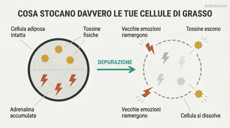 Cross-section of an intact fat cell storing toxins and emotional adrenaline transforms during cleansing into a dissolving cell releasing waves of old emotions.