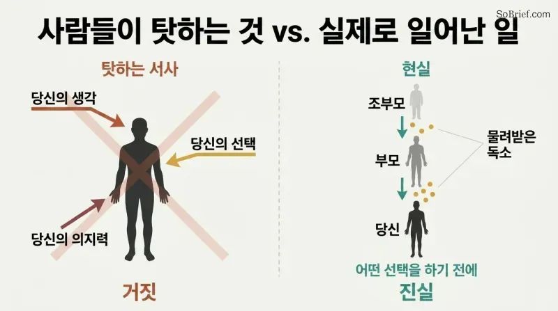 Split panel contrasting blame arrows pointing at a person on the left with three generations passing down inherited toxins on the right.