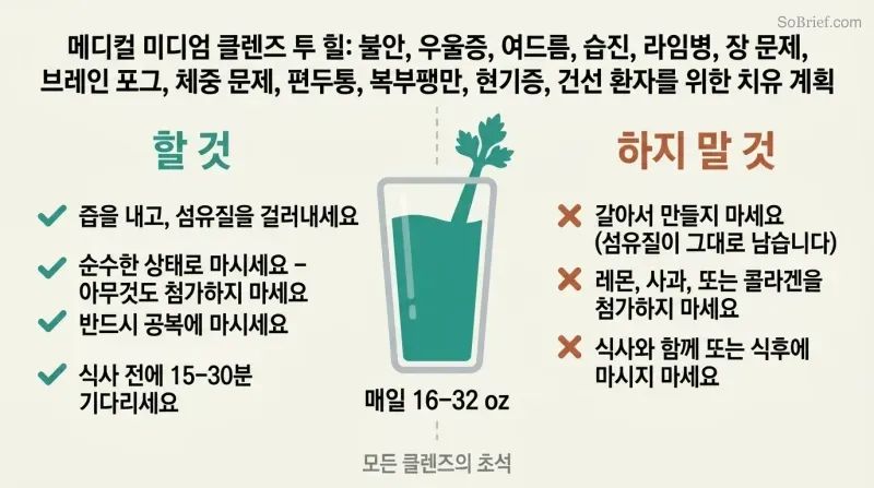 Central glass of celery juice flanked by four correct practices marked with checkmarks on the left and three incorrect practices marked with X's on the right.