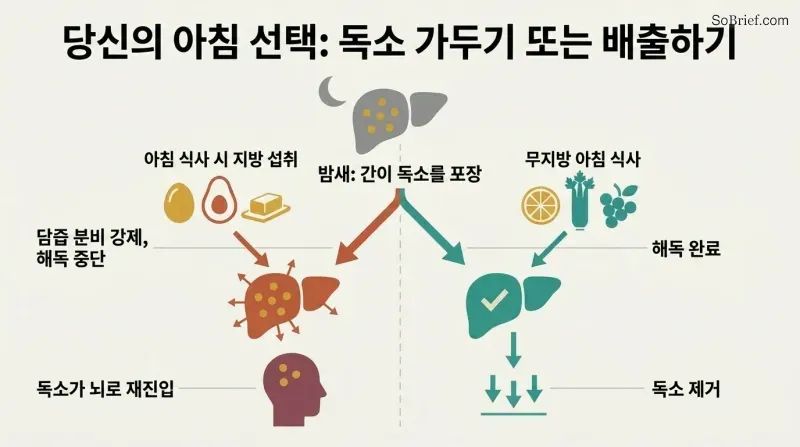 Fork diagram showing overnight liver detox splitting into two morning paths — fatty breakfast traps toxins while fat-free breakfast allows complete elimination.