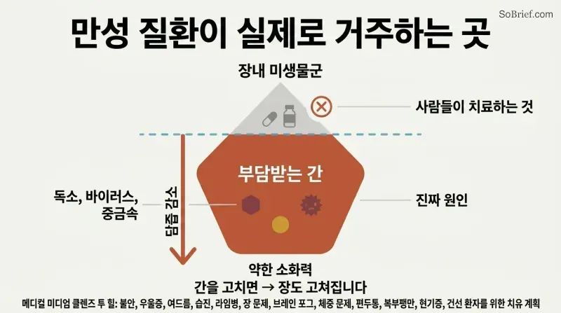 Iceberg diagram showing gut microbiome as the small visible tip people treat, while the overburdened liver sits as the massive hidden root cause below the waterline.