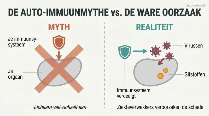 Split panel contrasting the autoimmune theory of the body attacking itself on the left with viruses and toxins as the real cause of inflammation on the right.