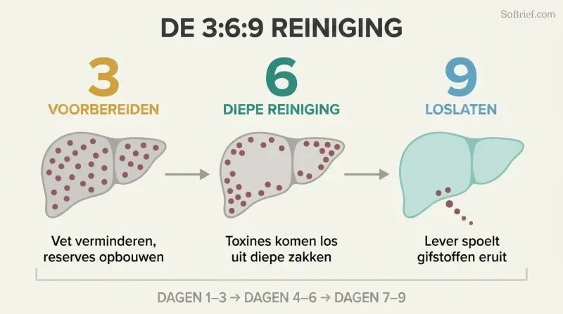 Three-phase timeline showing a liver progressing from toxin-burdened preparation through deep cleansing to final release and renewal.