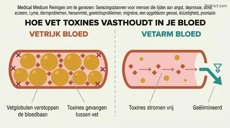 Split panel comparing fat-thickened blood with toxins trapped among fat globules versus thin blood where toxins flow freely toward elimination.
