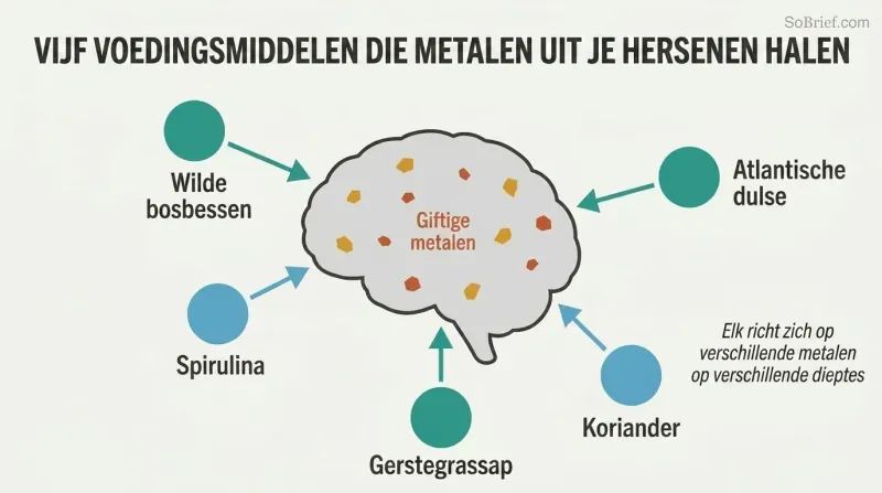 Hub-and-spoke diagram with a brain silhouette at center containing scattered metal dots, surrounded by five ingredient icons each connected by inward-pointing arrows showing coordinated extraction.
