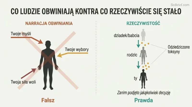 Split panel contrasting blame arrows pointing at a person on the left with three generations passing down inherited toxins on the right.