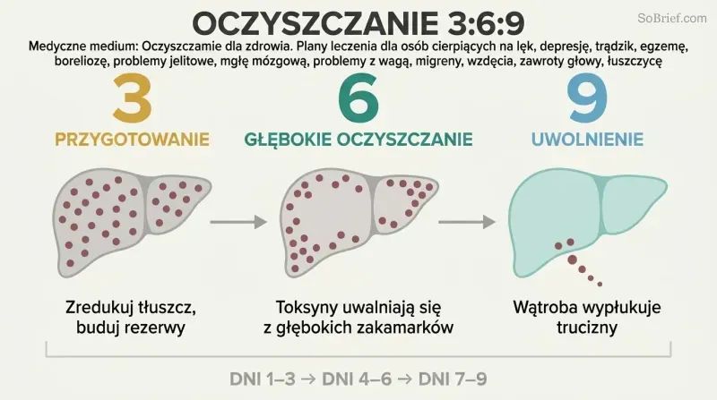 Three-phase timeline showing a liver progressing from toxin-burdened preparation through deep cleansing to final release and renewal.