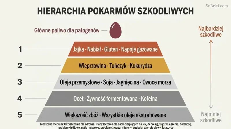 Five-tier pyramid showing progressive levels of troublemaker foods, with eggs at the narrow peak as the top pathogen fuel and each wider tier below adding more foods to eliminate.