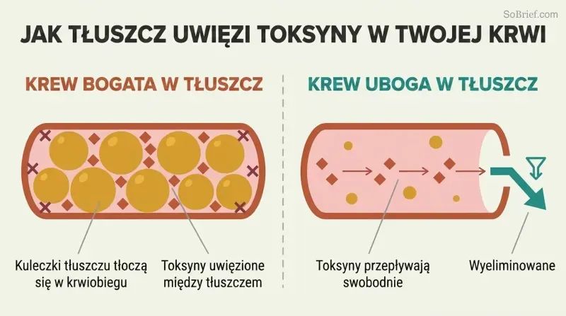 Split panel comparing fat-thickened blood with toxins trapped among fat globules versus thin blood where toxins flow freely toward elimination.