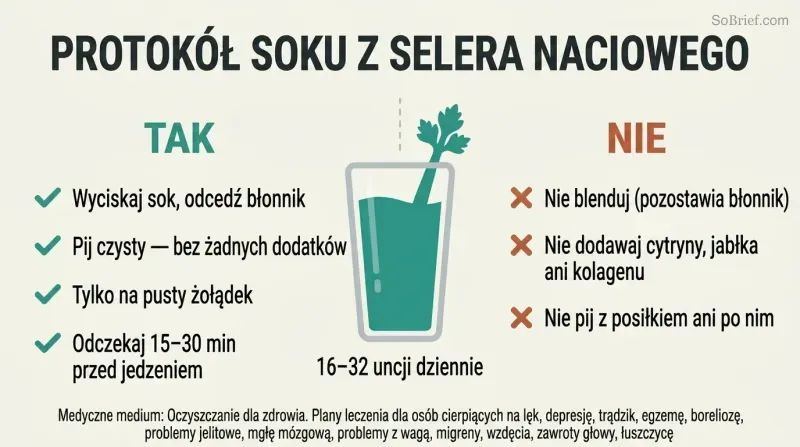 Central glass of celery juice flanked by four correct practices marked with checkmarks on the left and three incorrect practices marked with X's on the right.