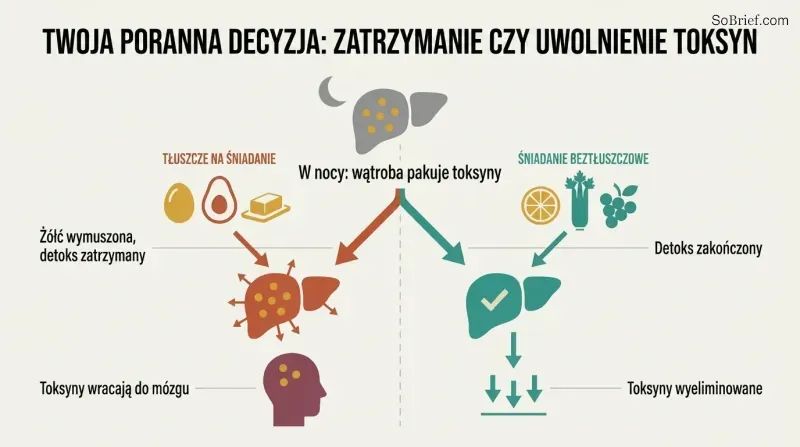 Fork diagram showing overnight liver detox splitting into two morning paths — fatty breakfast traps toxins while fat-free breakfast allows complete elimination.