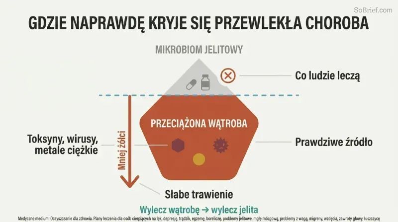 Iceberg diagram showing gut microbiome as the small visible tip people treat, while the overburdened liver sits as the massive hidden root cause below the waterline.