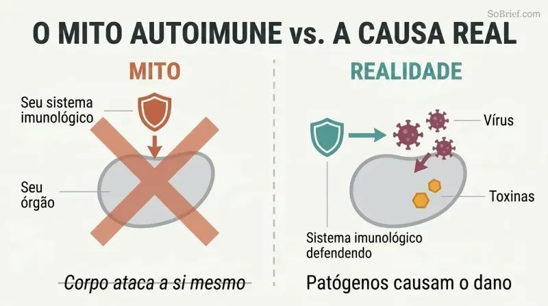 Split panel contrasting the autoimmune theory of the body attacking itself on the left with viruses and toxins as the real cause of inflammation on the right.