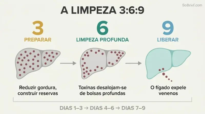 Three-phase timeline showing a liver progressing from toxin-burdened preparation through deep cleansing to final release and renewal.