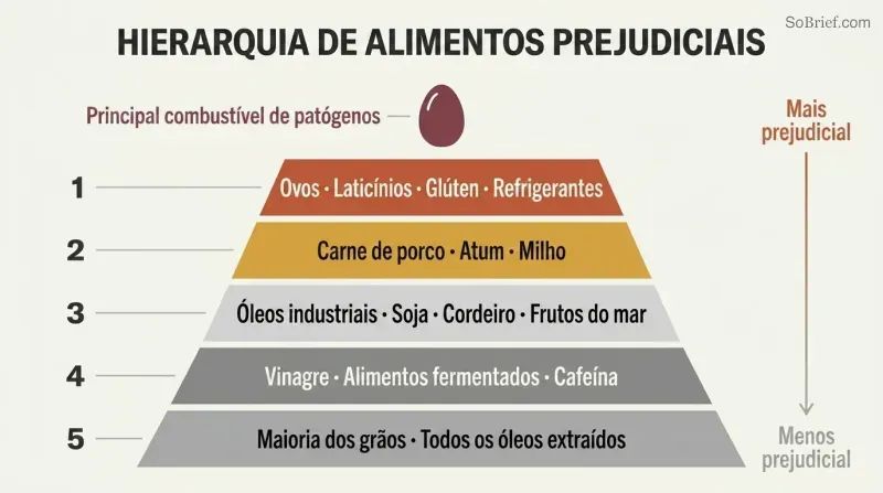 Five-tier pyramid showing progressive levels of troublemaker foods, with eggs at the narrow peak as the top pathogen fuel and each wider tier below adding more foods to eliminate.
