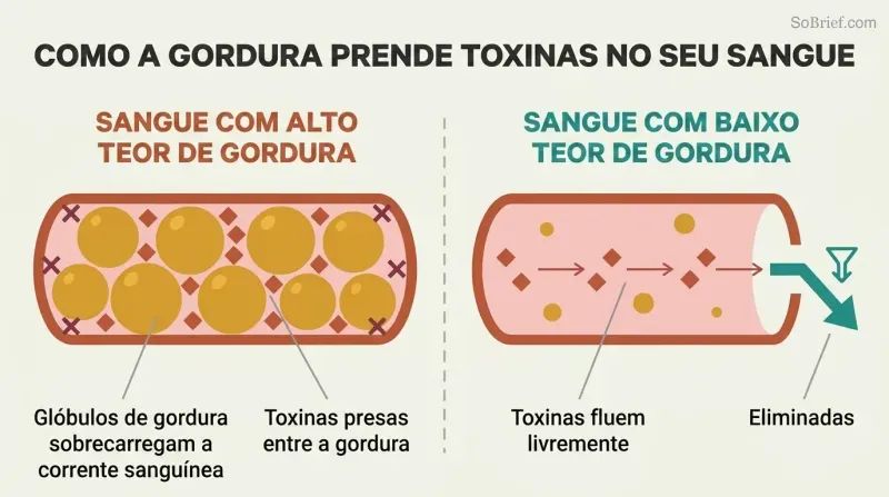 Split panel comparing fat-thickened blood with toxins trapped among fat globules versus thin blood where toxins flow freely toward elimination.