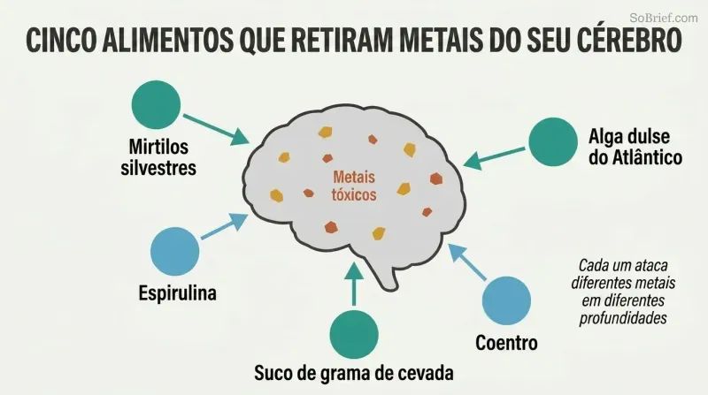 Hub-and-spoke diagram with a brain silhouette at center containing scattered metal dots, surrounded by five ingredient icons each connected by inward-pointing arrows showing coordinated extraction.