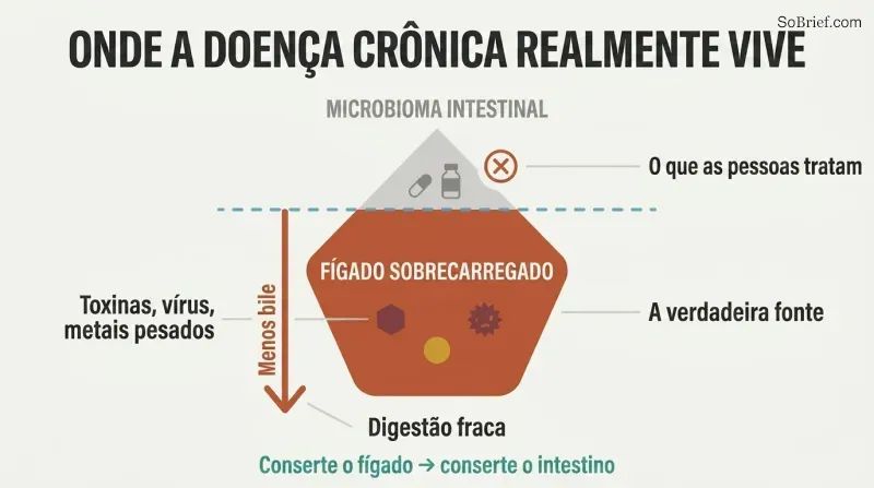 Iceberg diagram showing gut microbiome as the small visible tip people treat, while the overburdened liver sits as the massive hidden root cause below the waterline.