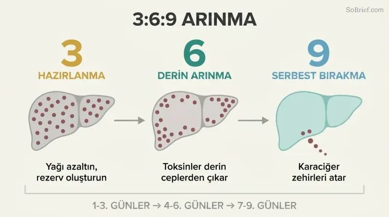 Three-phase timeline showing a liver progressing from toxin-burdened preparation through deep cleansing to final release and renewal.