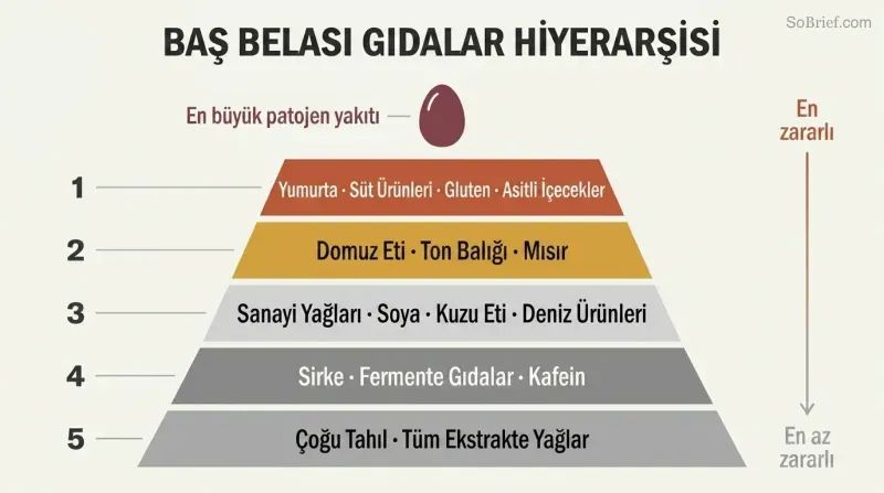 Five-tier pyramid showing progressive levels of troublemaker foods, with eggs at the narrow peak as the top pathogen fuel and each wider tier below adding more foods to eliminate.