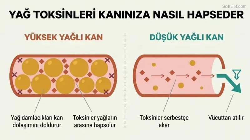 Split panel comparing fat-thickened blood with toxins trapped among fat globules versus thin blood where toxins flow freely toward elimination.