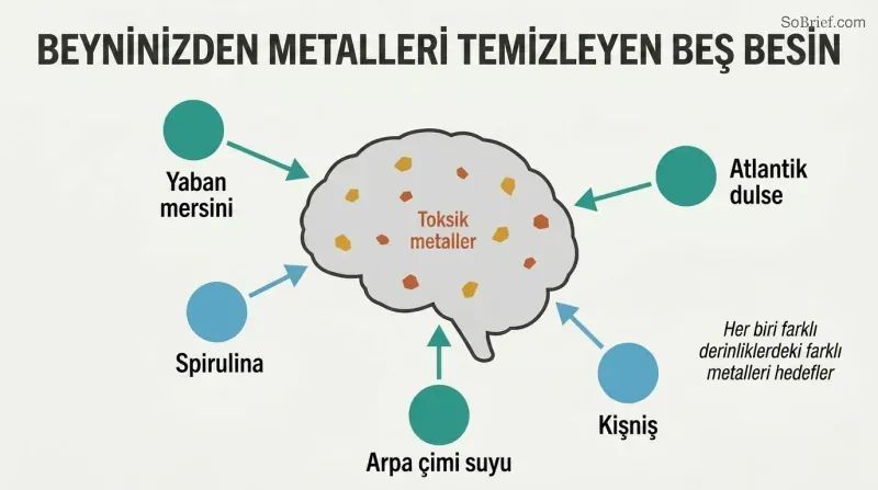 Hub-and-spoke diagram with a brain silhouette at center containing scattered metal dots, surrounded by five ingredient icons each connected by inward-pointing arrows showing coordinated extraction.