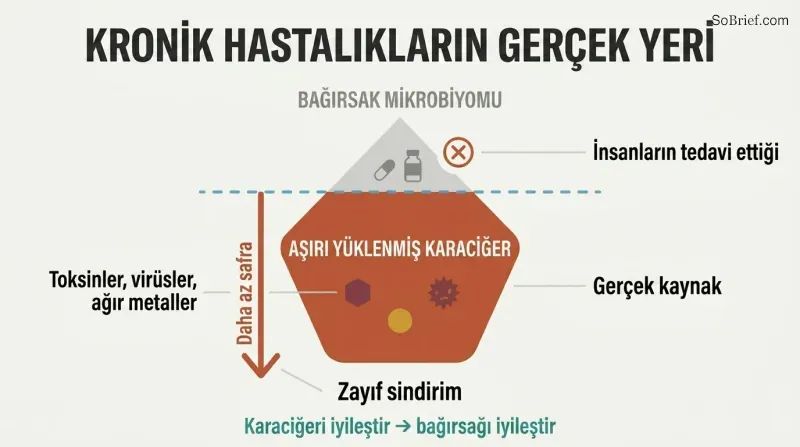Iceberg diagram showing gut microbiome as the small visible tip people treat, while the overburdened liver sits as the massive hidden root cause below the waterline.