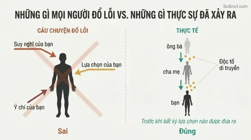 Split panel contrasting blame arrows pointing at a person on the left with three generations passing down inherited toxins on the right.