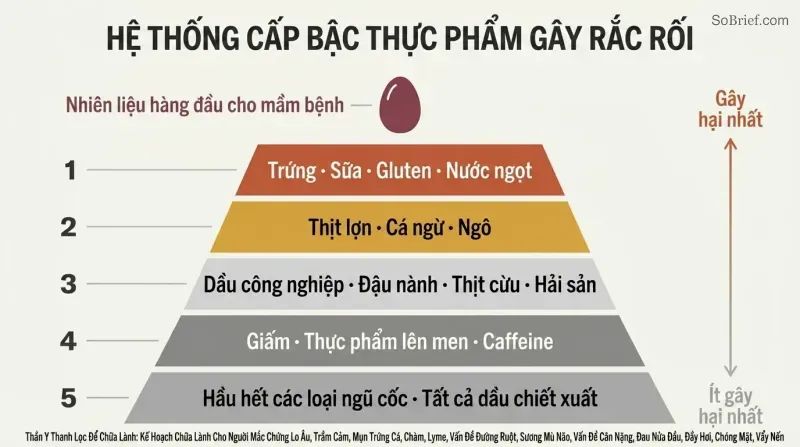 Five-tier pyramid showing progressive levels of troublemaker foods, with eggs at the narrow peak as the top pathogen fuel and each wider tier below adding more foods to eliminate.