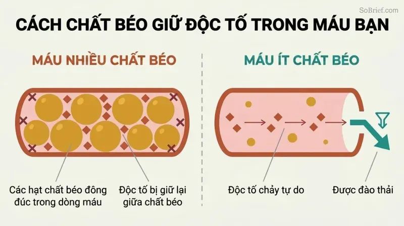 Split panel comparing fat-thickened blood with toxins trapped among fat globules versus thin blood where toxins flow freely toward elimination.