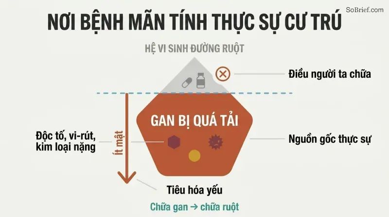 Iceberg diagram showing gut microbiome as the small visible tip people treat, while the overburdened liver sits as the massive hidden root cause below the waterline.