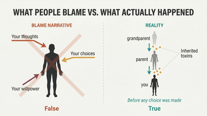 Split panel contrasting blame arrows pointing at a person on the left with three generations passing down inherited toxins on the right.