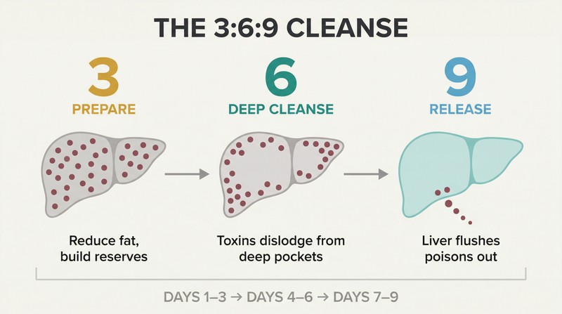 Three-phase timeline showing a liver progressing from toxin-burdened preparation through deep cleansing to final release and renewal.