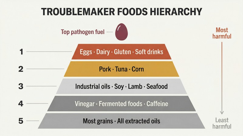Five-tier pyramid showing progressive levels of troublemaker foods, with eggs at the narrow peak as the top pathogen fuel and each wider tier below adding more foods to eliminate.