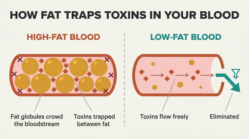 Split panel comparing fat-thickened blood with toxins trapped among fat globules versus thin blood where toxins flow freely toward elimination.