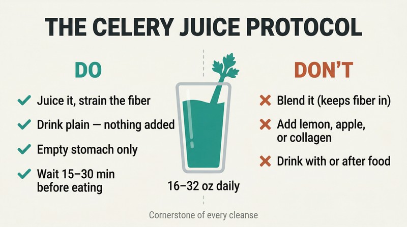 Central glass of celery juice flanked by four correct practices marked with checkmarks on the left and three incorrect practices marked with X's on the right.