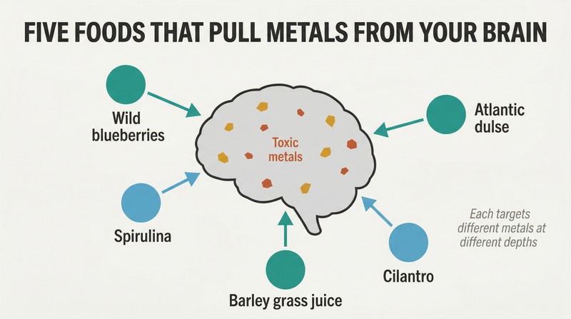 Hub-and-spoke diagram with a brain silhouette at center containing scattered metal dots, surrounded by five ingredient icons each connected by inward-pointing arrows showing coordinated extraction.