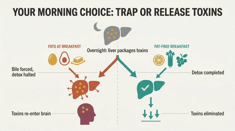 Fork diagram showing overnight liver detox splitting into two morning paths — fatty breakfast traps toxins while fat-free breakfast allows complete elimination.