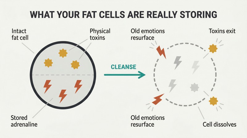 Cross-section of an intact fat cell storing toxins and emotional adrenaline transforms during cleansing into a dissolving cell releasing waves of old emotions.