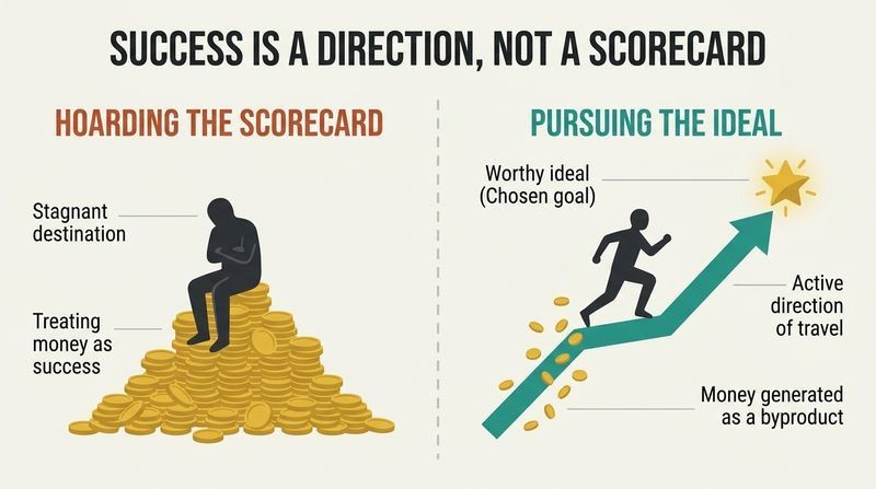 Split panel comparison showing a static figure trapped on a stagnant pile of money versus an active figure running up an ascending path toward a star, with money naturally falling behind them as a byproduct.