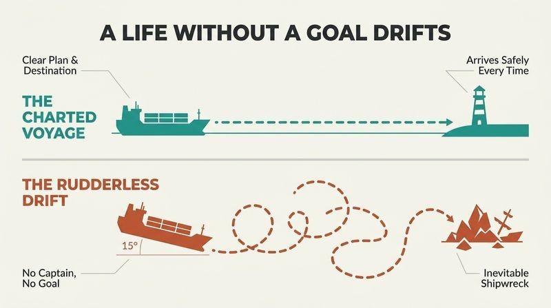 Split panel diagram comparing a goal-directed ship sailing straight to port with a rudderless ship drifting chaotically into a shipwreck.
