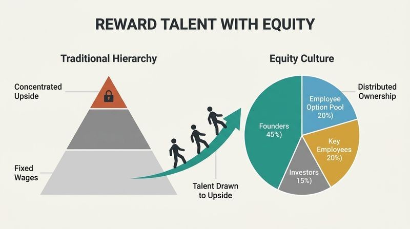 Comparison diagram showing rigid corporate hierarchy with concentrated rewards on the left, and a distributed equity startup pie chart on the right pulling talent toward shared ownership.
