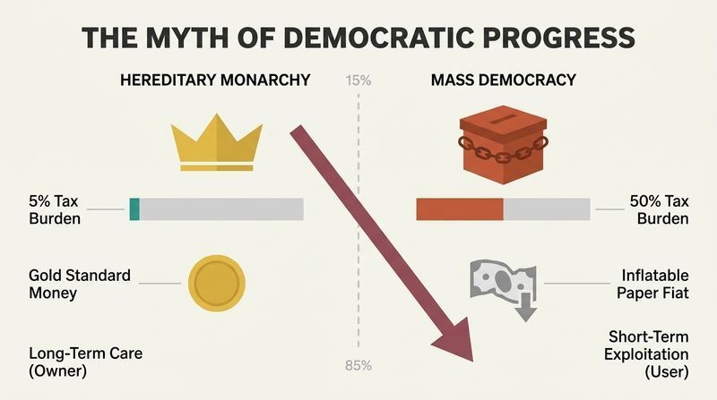 Split diagram comparing pre-1918 monarchy with post-1918 democracy, showing a sharp downward trend in tax rates, currency stability, and government size.