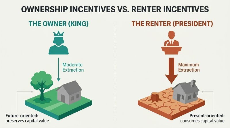 Split diagram comparing the long-term asset preservation of an owner-king with the short-term capital extraction of a renter-president.