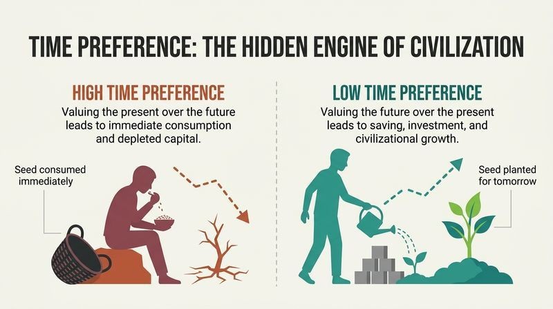 Split diagram contrasting the economic and social outcomes of high time preference (immediate consumption and decay) versus low time preference (capital accumulation and growth).
