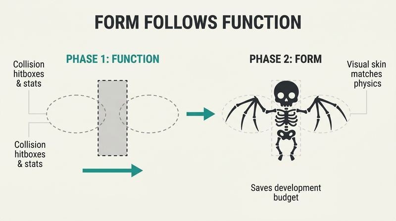 Workflow diagram showing how defining functional hitboxes and character parameters first dictates the final artistic character model.
