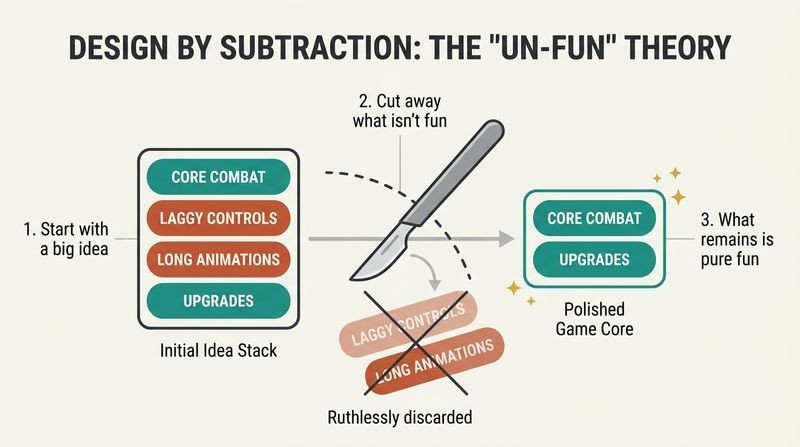 A horizontal diagram showing an initial game concept list containing both fun and un-fun elements, where a scalpel surgically slices away the bad elements, leaving a clean, highly polished final game core on the right.