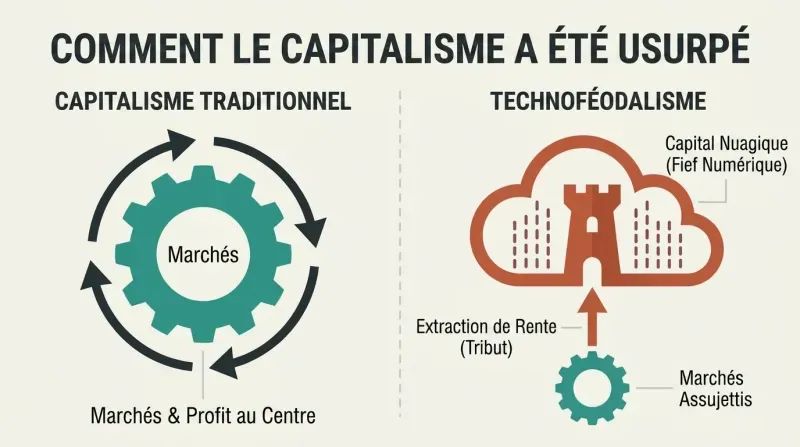 Split panel diagram showing Traditional Capitalism powered by central markets, contrasted with Technofeudalism where a dominant central cloud platform extracts rent from marginalized markets.