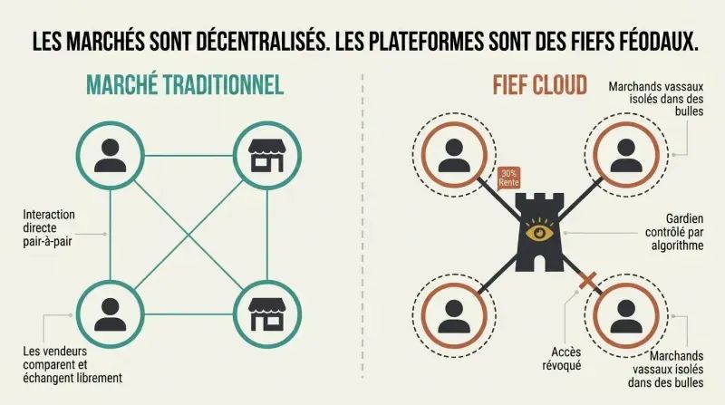 A split-panel comparison showing a decentralized market with interconnected participants next to a cloud fief where a central algorithm isolates and taxes users.