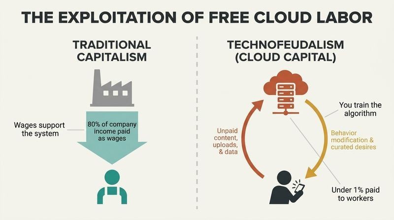 Split panel infographic comparing traditional capitalism's waged labor with technofeudalism's unpaid user data feedback loop.